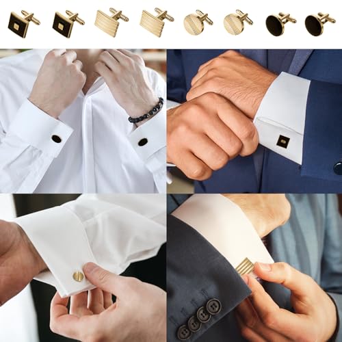 COMNICO 4 Pairs Cufflinks for Men Classic Tone Cuff Links Fashion Men Cufflinks Gold/Sliver Striped Disc Square Rectangle Cuff Links for Business Wedding Party Gift Box - color: glod
