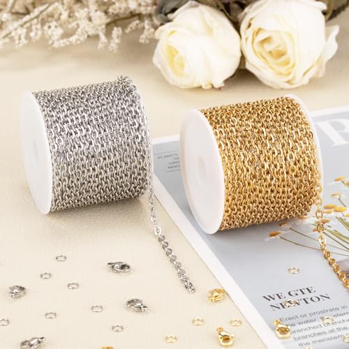 SMYHTGLIF 32.8 Feet Stainless Steel Chain for Jewelry Making 2 Rolls Chain | Gold and Silver Jewelry Making Chains Craft Chain Roll Oval Cable Bulk Chain DIY Jewelry Supplies - size: 4.1×3mm