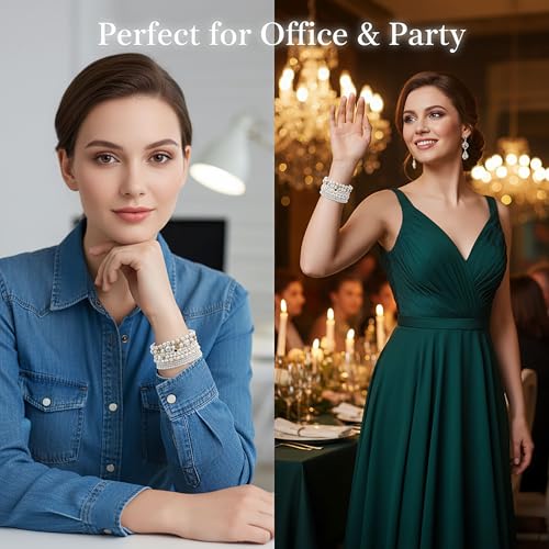 8pcs Faux Pearl Bracelets for Women, Stackable Stretchy Bridal Jewelry Set, Elastic Layered Bracelets for Wedding Bridesmaid Party Prom Christmas - color: golden