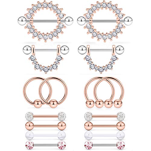 Cisyozi 16G 14G Nipple Piercing Jewelry Tongue Rings Hypoallergenic Surgical Steel Screw Nipple Tongue Shield Ring Barbell Body Piercing Jewelry Retainer for Women 9/16 Inch 14mm - color: D:14G(1.6MM)-8Pairs - Rose Gold