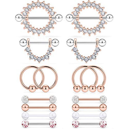 Cisyozi 16G 14G Nipple Piercing Jewelry Tongue Rings Hypoallergenic Surgical Steel Screw Nipple Tongue Shield Ring Barbell Body Piercing Jewelry Retainer for Women 9/16 Inch 14mm - color: D:14G(1.6MM)-8Pairs - Rose Gold