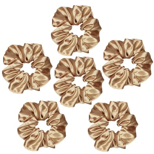 Sufermoe 6 Pcs Satin Silk Hair Scrunchies, Light Brown 4.5 Inch Elastic Hair Ties for Women and Girls - Versatile Hair Accessories for Ponytails, Buns, and Different Hairstyles - color: Light Brown