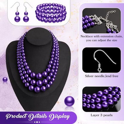Haysandy Pearl Jewelry Set for Women 20s Jewelry Gift | Retro Layered Necklace Bracelet Earring, Costume Accessories for Derby Wedding Prom Party, Dress Matching Occasions - color: Bright Purple