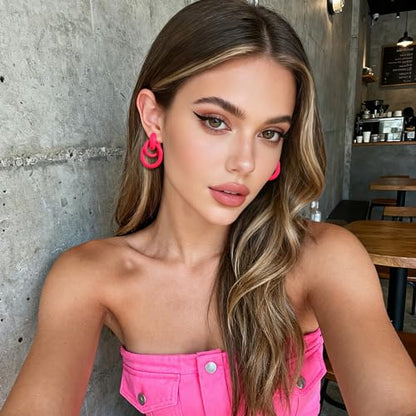Gold Chunky Earrings for Women Geometric Knot Link Drop Dangle Earrings 14K Gold Plated Statement Earrings Trendy Gold Jewelry - color: Style 1-Pink