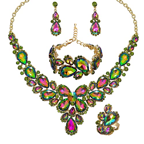 Women's Wedding Bridal Austrian Crystal Glass Teardrop Statement Necklace Dangle Earrings Bracelet Ring Wedding Party Jewelry Set for Bridal Bridesmaid - color: Rainbow-Gold Plated