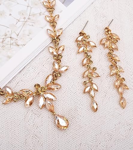 CSY Elegant Bridal Jewelry Sets Wedding Prom Homecoming Gown Accessories | Austrian Marquise Crystal Wedding Necklace Dangle Earrings Tennis Bracelet Ring Set for Bride Women Costume Accessories - color: champagne gold