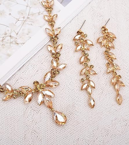 CSY Elegant Bridal Jewelry Sets Wedding Prom Homecoming Gown Accessories | Austrian Marquise Crystal Wedding Necklace Dangle Earrings Tennis Bracelet Ring Set for Bride Women Costume Accessories - color: champagne gold