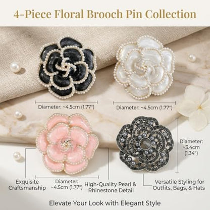 4 Pack Camellia Flower Brooch Pins for Women - Vintage Enamel Pearl Lapel Pin Set, Rhinestone Crystal Dress Suit Badges - Black White Pink Zinc Alloy Jewelry Gift