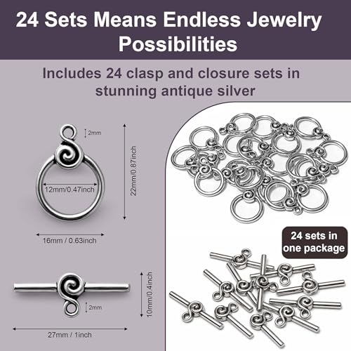 Heather's cf Toggle Jewelry Clasps – Durable Quality, Antique Swirling Silver Finish Toggle Clasps & Closures for Necklace, Bracelet & Charms – Ideal for DIY, & Jewelry Making – Medium (Set of 24) - color: Medium silver toggle clasp