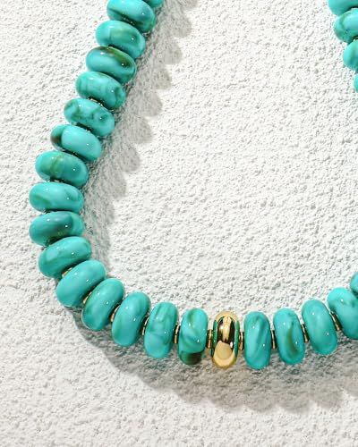 Chunky Beaded Necklace for Women Boho Statement Bead Necklace Adjustable Choker with Polished Disc/Square Beads Trendy Summer Beach Jewelry Gifts - color: Turq
