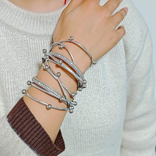 ZMANYIJEW Leather Wrap Bracelets for Women,Boho Cuff Bracelets Multi-Layer Crystal Beads Cuff Bracelet Multilayered Leopard Leather Braided Bangle Wrist Cuff Bangles - style: bead-silver