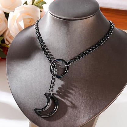 Slip Chain Choker for Women Handmade Black Stainless Steel Cuban Chain Chunky Moon Bat Raven Skull Pendant Gothic Punk Rock Collar Adjustable Lariat Y Necklace for Men - style: Black Moon