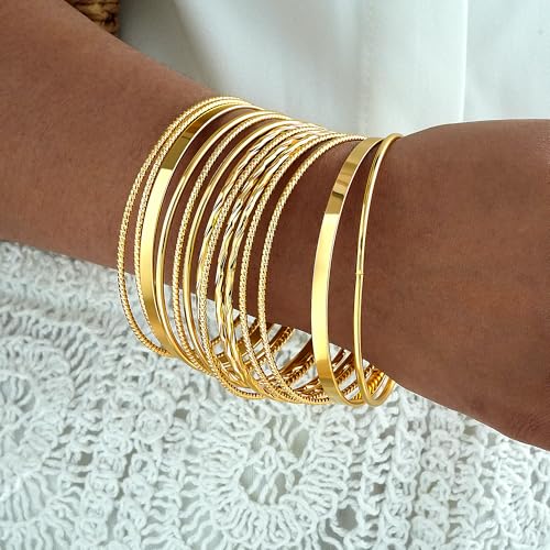 ÌF ME Gold Bangle Bracelets for Women, Indian Bangles Stackable Set, Multi Layer Textured 18K Gold Plated Chunky Bracelets Boho Jewelrys Set - style: D-14PCS Indian bangles
