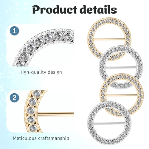 4 PCS Scarf Ring, Rhinestones Scarf Clip Shirt Ties Clips for Women Portable Waist Cinch Buckle Waist Tightener Clip Clothing Accessories for Shawl, Sweater, Dress, Pant (Gold, Silver)
