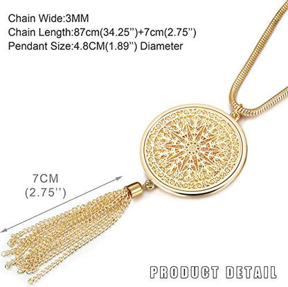 3PCS Long Pendant Necklaces for Women Disk Circle Pendant Triple Stack Pendant Necklace Tassel Sweater Necklace Statement Necklace Y Necklaces Set - color: Goldtone B