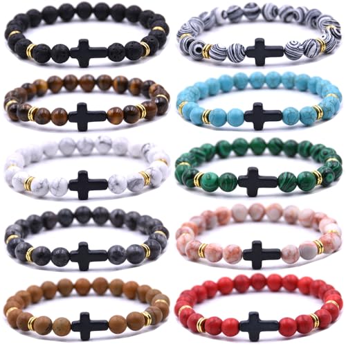 Beaded Bracelets Cross Bracelet for Women Men Lava Rock Turquoise Tiger Eye Natural Bracelet Anxiety Healing - color: 10 Pcs- black cross 1