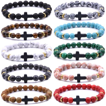 Beaded Bracelets Cross Bracelet for Women Men Lava Rock Turquoise Tiger Eye Natural Bracelet Anxiety Healing - color: 10 Pcs- black cross 1