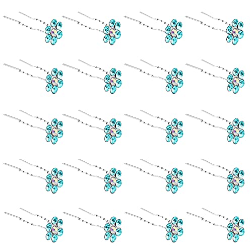 QIUTIMIY 20 Pack (Blue) Crystal Flower Hair Pins Rhinestone Hair Clips for Bridal Wedding Women Hair Jewelry Accessories, with Clear Container - color: Crystal Flower-Blue