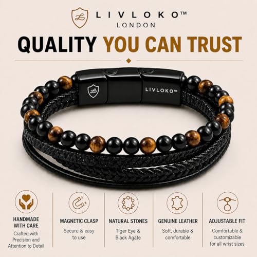LONDON Mens Bracelet Leather Black Multi-Layer Stone Beads Adjustable Steel Clasp Viking Rope Bands Surfer Man Wristband Male UK Jewellery Gift box Boyfriend Dad Son Brother Tiger Eye - color: A. 19-22cm Black Leather Tiger-Eye Adjustable, size: Large to