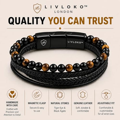 LONDON Mens Bracelet Leather Black Multi-Layer Stone Beads Adjustable Steel Clasp Viking Rope Bands Surfer Man Wristband Male UK Jewellery Gift box Boyfriend Dad Son Brother Tiger Eye - color: A. 19-22cm Black Leather Tiger-Eye Adjustable, size: Large to