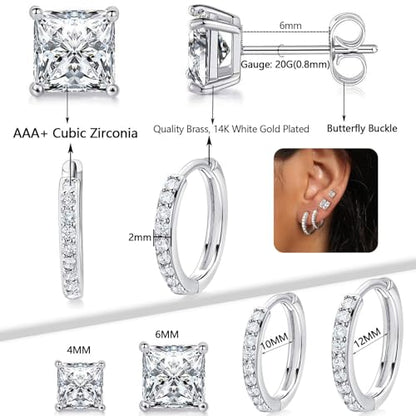 White Gold Earrings for Women Men Hoop and Stud Earring Set | Hypoallergenic 14K White Gold Plated Hoops Huggie Stud Earrings Set Round Cubic Zirconia Ear Jewelry - style: A2-White Gold-Hoop&Square Stud (4 Pairs)