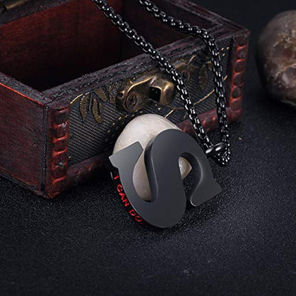 Initial 26 Letter A to Z Pendant Necklace for Teen Women Men 24" Chain | Large Alphabet Letter Personalized Charm Pendant,Engraving Red 'I CAN DO ...' on Back - style: S