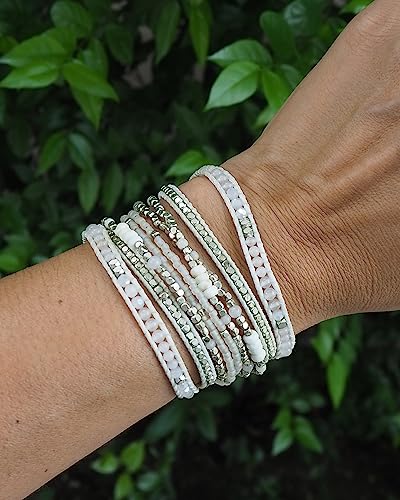 Bracelet for Women – Handmade Vegan Boho Natural Stone Layered Bracelet, Thailand Bohemian Stackable Beaded Wrap Bracelets, Summer Hippie Bracelet Stack, Fashion Jewelry Gifts - color: A13-Chantilly lace