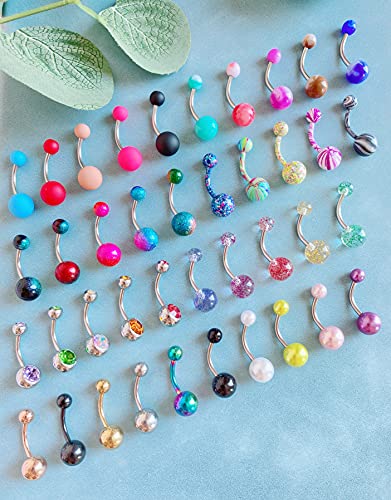 24-50Pcs 14G Stainless Steel Belly Button Rings for Women CZ Screw Navel Bars Body Piercing Jewelry - color: E: 40pcs style 1