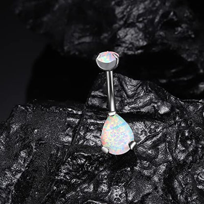 VOJO G23 Titanium Belly Button Rings Cubic Zircon Opal Hypoallergenic Threaded 14G Diamond Navel Body Piercing Jewelry Birthstone for Women - color: Teardrop White Opal