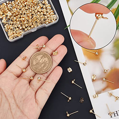 Beebeecraft 100PCS 24K Gold Plated Earring Studs with Loop Ball Post Earring Findings with 100Pcs Butterfly Ear Back for DIY Jewelry Dangle Earring Making(15x7mm, Ball: 4mm) - color: Gold, size: 4mm Ball
