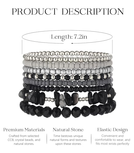 Noessla Boho Beaded Bracelets for Women Stackable Irregular Natural Stone Bead Stretch Bracelet Set 8PCS Costume Jewelry Gifts for Her - color: Black&Grey