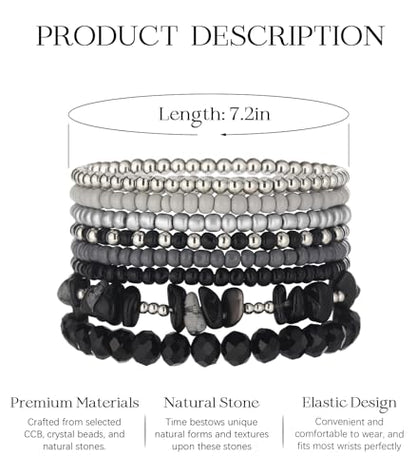 Noessla Boho Beaded Bracelets for Women Stackable Irregular Natural Stone Bead Stretch Bracelet Set 8PCS Costume Jewelry Gifts for Her - color: Black&Grey
