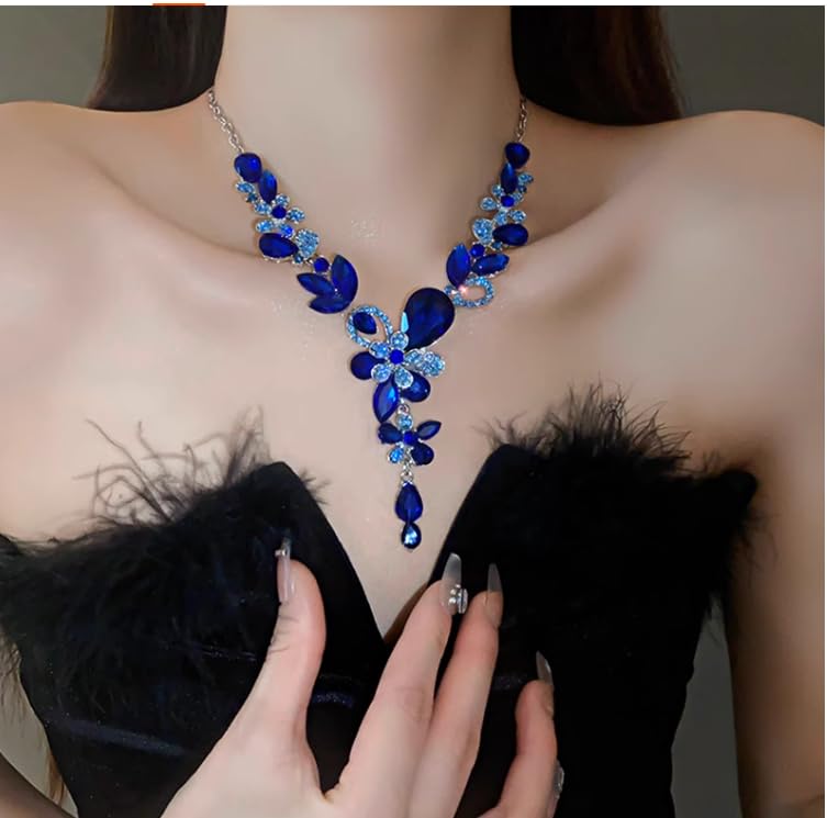 Rhinestone Crystal Bridal Necklace Floarl Art Deco Teardrop Collar Necklace Dangle Earrings Jewelry Set for Women - color: Royal Blue