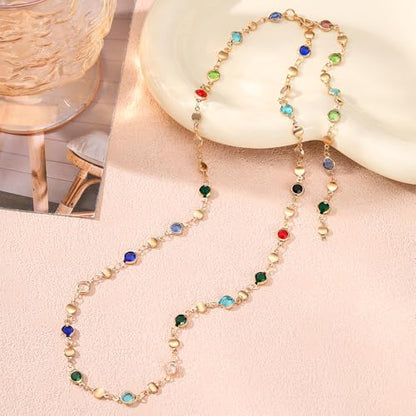 KURTCB Rhinestone Necklace for Women Boho Long Y Lariat Gold Necklace Stack Colorful Summer Beach Jewelry - color: Muliticolor