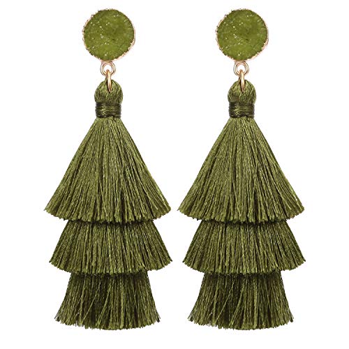 Bohemian Tiered Tassel Earrings with Druzy Stud for Women | Long Layered Fringe Drop Earrings, Statement Jewelry for Party Beach Festival - color: Green