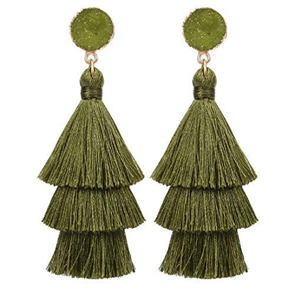 Bohemian Tiered Tassel Earrings with Druzy Stud for Women | Long Layered Fringe Drop Earrings, Statement Jewelry for Party Beach Festival - color: Green