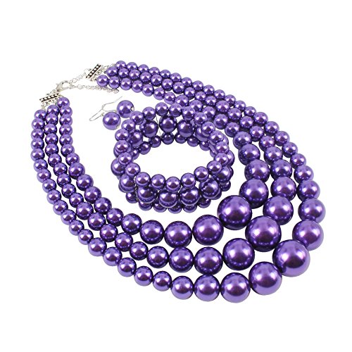 KOSMOS-LI Women's 3 Layer Simulated Pearl Statement 18" Necklace Bracelet and Earrings Jewelry Set Stocking Stuffers - color: purple