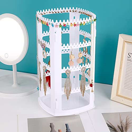 Sooyee White Earring Organizer, 360 Rotating Earring Holder, 4 Tiers Jewelry Rack Display Classic Stand, 156 Holes and 160 Grooves for Necklaces Earrings Piercings - color: White