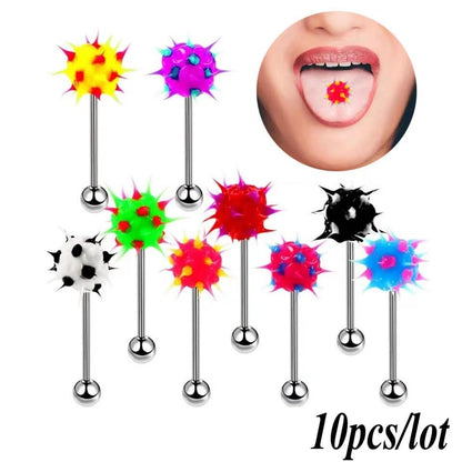 Surgical Steel Spiky Ins Colorful Fire Tongue Nipple Ear Rings Bar Barbell Stud Piercing - style: 10 pcs
