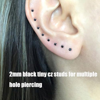 6Pairs 2mm/3mm Surgical Steel Hypoallergenic Piercing Studs, 20G 14K Real Gold Filled Tiny Stud Earrings Set for Multiple Hole Piercing (Cubic Zirconia, Pearl, Ball) - style: N : 2MM Black Ball & CZ, 6 Piars