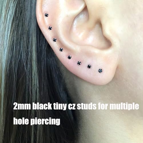 6Pairs 2mm/3mm Surgical Steel Hypoallergenic Piercing Studs, 20G 14K Real Gold Filled Tiny Stud Earrings Set for Multiple Hole Piercing (Cubic Zirconia, Pearl, Ball) - style: N : 2MM Black Ball & CZ, 6 Piars