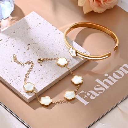 2pcs Stackable Bangle Bracelets 18K Gold Plated Lucky Clover Bracelet Stainless Steel Clover Jewelry Set Fashion Birthday Gifts for Women - color: Gold White Stackable Bracelets