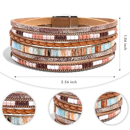 VIBILIA Boho Leather Wrap Bracelets for Women Multi-Layer Bracelets | With Strong Clasp Jewelry for Women - color: 03-BohoBraid-Khaki