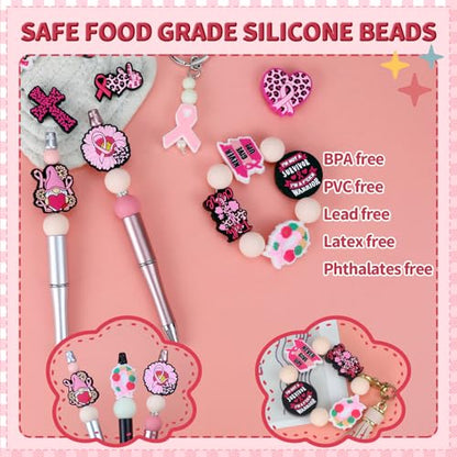 12pcs Breast Cancer Awareness Silicone Focal Beads for pens | Focal Beads for Keychain Making,Pens,Bracelet,Necklace Crafts,Bulk Silicone Beads for DIY（Breast Cancer Awareness） - color: Breast Cancer