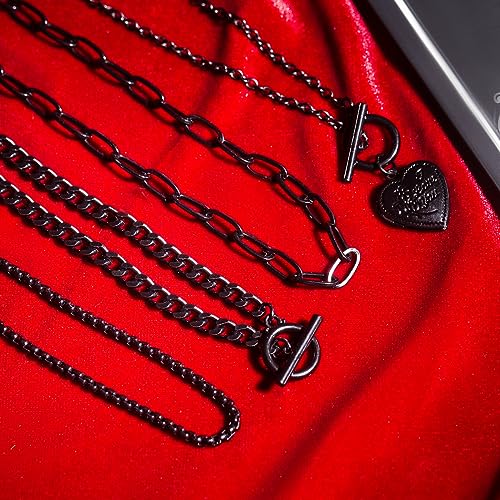 4Pcs Layered Black Pendant Necklaces Set,Fashion Circle Coin Ot Buckle Choker Heart Paperclip Chain Clavicle Necklace Long Beads Link Collar Necklace