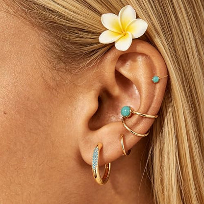 DREMMY STUDIOS Gold Dainty Huggie Hoop Earrings 18K Gold Plated Exquisite Open Tassel Dangle Charm Drop Sleeper Geometric Cross Coin Star Heart White CZ Simple Hypoallergenic Earrings for Women - color: Turquiose Hoops
