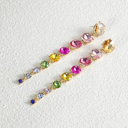 Long Crystal Tassel Dangle Earrings for Women Sparkly Rhinestone Linear Drop Earrings Colourful Geometry Dangling Earrings Jewelry Gifts