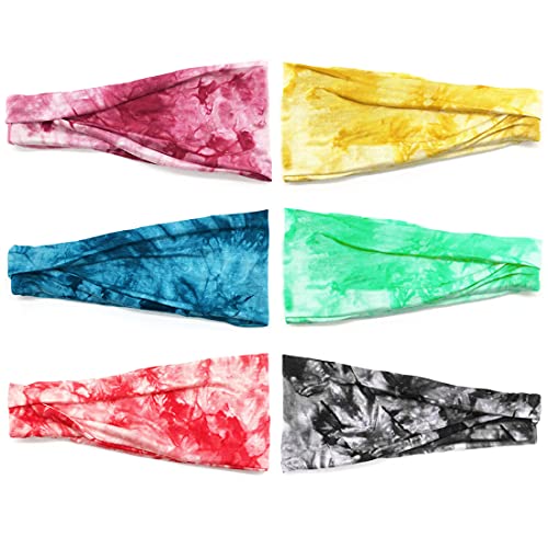 YONUF Boho Headbands For Women Fashion Wide Headband Yoga Workout Head Bands Hair Accessories Elastic Tie Dye Band 6 Pack - color: Tie dye