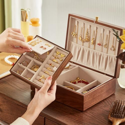 CHOSIN Walnut Wood Jewelry Box with Removable Tray, Vertical Necklace Hooks | 2 Layers Black Walnut Jewelry Organizer, For Watches Rings Earrings Necklace Bracelets, Velvet Interior, Gift for Her - style: 2 Layer B