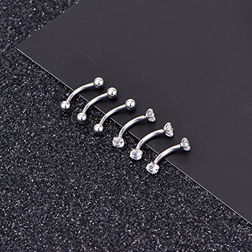 Briana Williams 6pcs Stainless Steel Rook Daith Earrings Belly Lip Ring Eyebrow Studs Cartilage Tragus Cubic Zirconia Barbell Body Piercing 8mm (5/16") - color: 3 -Silver
